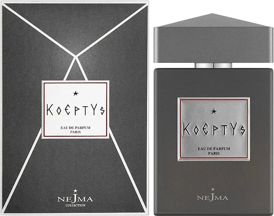 Perfume packaging and bottle from Nejma Collection Koeptys 100ml Eau De Parfum, labeled 