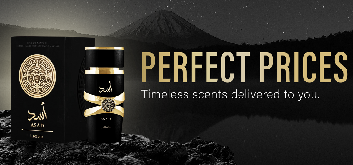 Black and gold Asad perfume bottle and box in front of a mountain scene, with the text “PERFECT PRICES Timeless scents delivered to you.”.