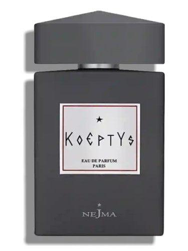 A bottle of Rio Perfumes Nejma Collection Koeptys 100ml Eau De Parfum, a unisex fragrance, against a gray background, featuring prominently displayed branding and script on the label.