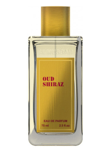 A bottle of Al Musbah Oud Shiraz 75ml eau de parfum, featuring a gold and clear glass design, labeled with 75 ml / 2.5 fl oz.