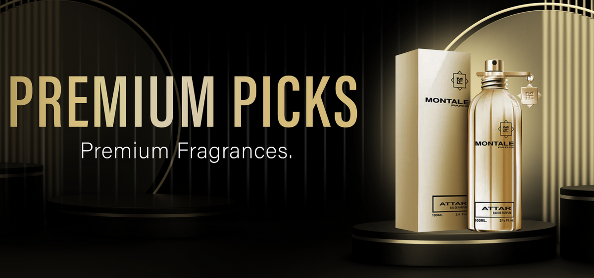 A gold Montale perfume bottle and box on a black and gold background with the text “Premium Picks. Premium Fragrances.”.
