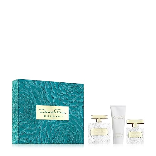 Oscar de la Renta Bella Blanca 100ml Eau De Parfum Gift Set displayed, featuring two perfume bottles and a lotion tube, all in front of a turquoise patterned box.