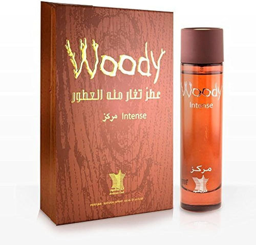 A Arabian Oud Woody Intense 100ml Eau De Parfum bottle in a box by Rio Perfumes.