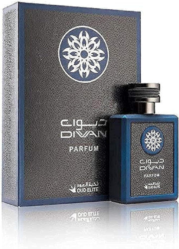 A bottle of Oud Elite Diwan 100ml Eau De Parfum with a blue box next to it.