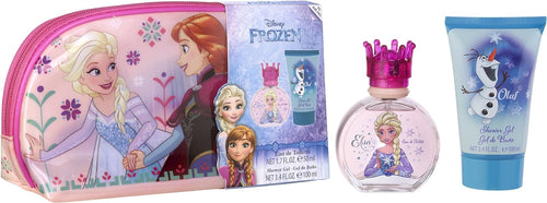 Disney Air-Val Frozen-themed gift set including a pink pouch with character illustrations, a shower gel, and a perfume bottle with an Olaf design.