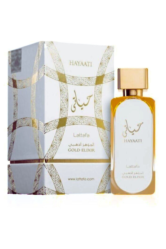 A 100ml bottle of Lataffa Hayaati Gold Elixir White 100ml Eau De Parfum displayed in front of a box.