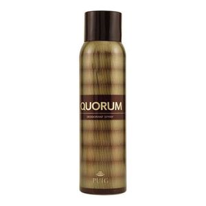 A cylindrical can of Antonio Puig Quorum 150ml deodorant spray with a textured golden and brown label.