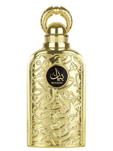 Golden ornate Lattafa Bayaan perfume bottle with intricate designs and a looped handle on the cap, labeled 
