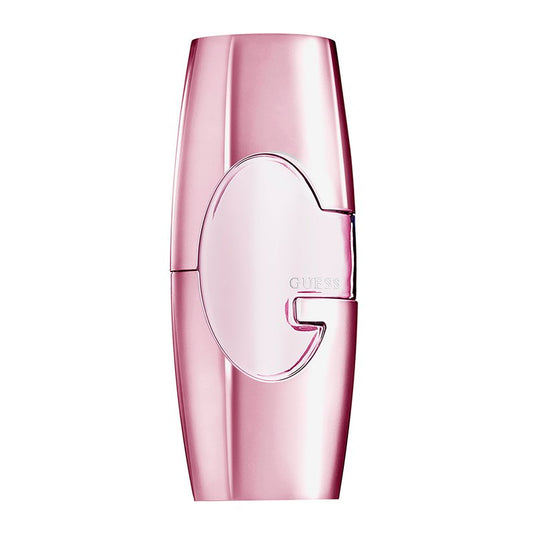 A pink lipstick bottle on a white background, featuring the fragrance Guess Forever 75ml Eau De Parfum by Guess.
