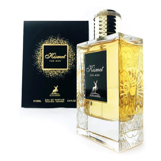 A Lataffa Maison Alhambra Kismet For Men 100ml Eau De Parfum bottle with a gold box next to it.