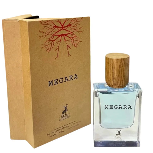 A bottle of Maison Alhambra Megara 50ml Eau De Parfum perfume next to its cardboard packaging with a tree design.