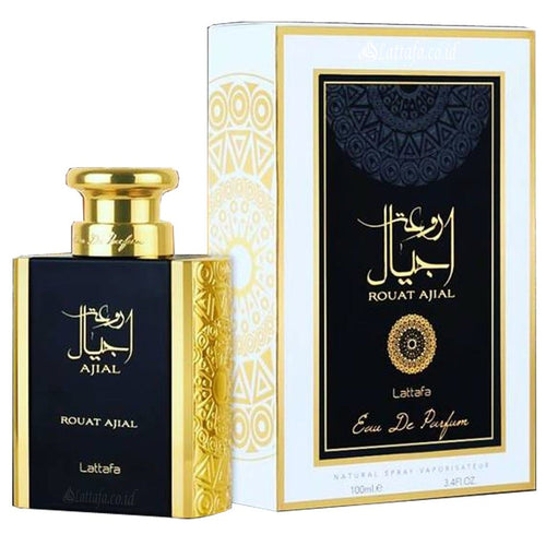 A bottle of Lattafa Rouat Ajial 100ml Eau de Parfum next to its box, featuring elegant gold and black designs by Lattafa.