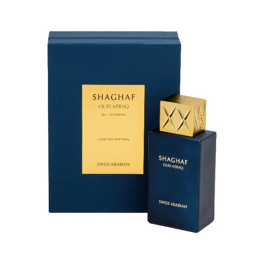 Swiss Arabian Shaghaf Oud Azraq Limited Edition 75ml Eau De Parfum bottle with blue box.