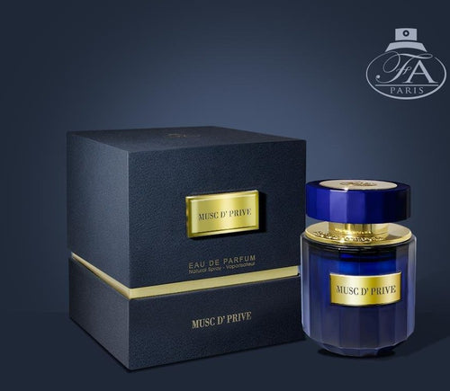 A bottle of Paris Corner Musc D' Prive 100ml Eau de Parfum by Dubai Perfumes with a gold box next to it.