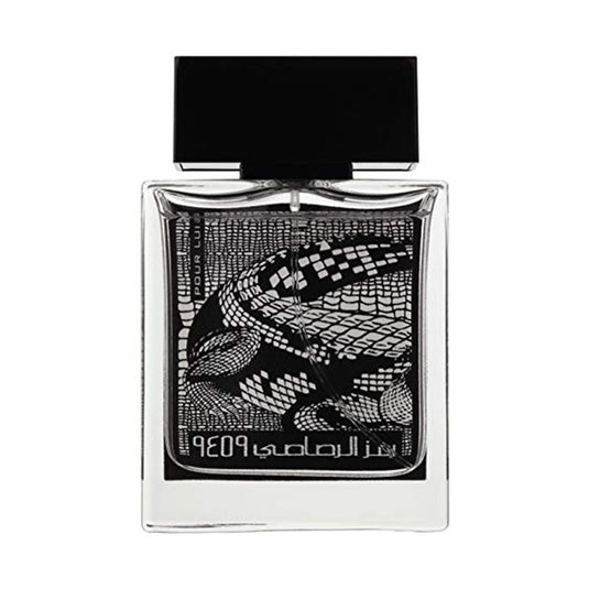 A bottle with a black and white design on it, inspired by the Rasasi Rumz Al Rasasi 9459 Crocodile pour lui 50ml Eau De Parfum fragrance line by Rasasi.