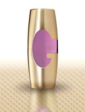 A Rio Perfumes Guess Gold 75ml EDP bottle with a purple lid.