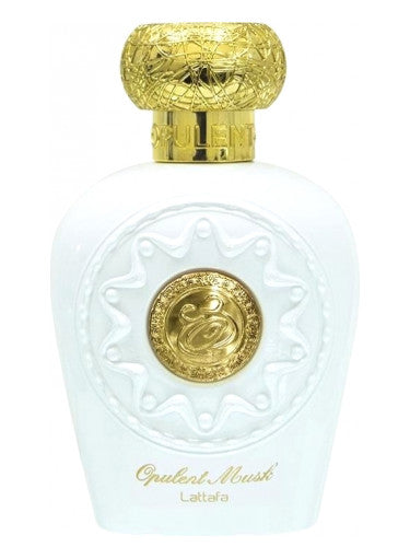 A bottle of Lataffa Opulent Musk 100ml Eau de Parfum by Lattafa Perfumes, with gold accents.