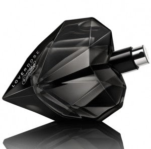 A bottle of Diesel Loverdose Tattoo 75ml Eau De Parfum by Diesel, a black perfume for women, elegantly placed on a pristine white surface. The fragrance emanating from the bottle is captivating and alluring.