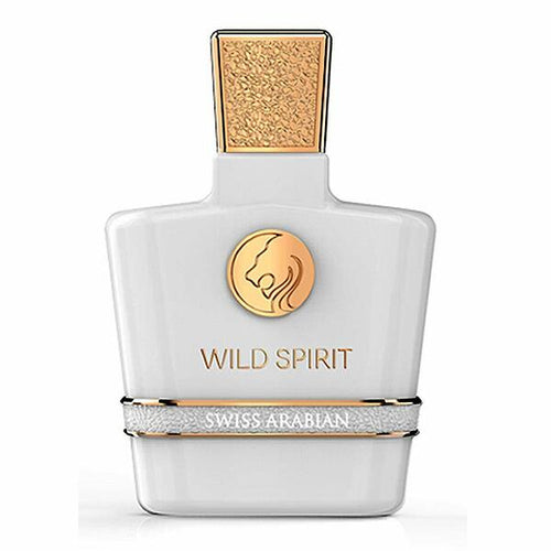 A Swiss Arabian Wild Spirit 100ml Eau De Parfum bottle with gold accents, perfect for both men and women as a fragrance.
