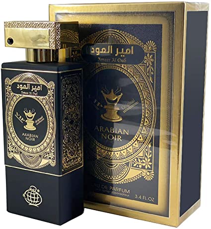 A Fragrance World Ameer Al Oud Arabian Noir 80ml Eau de Parfum in front of a box.