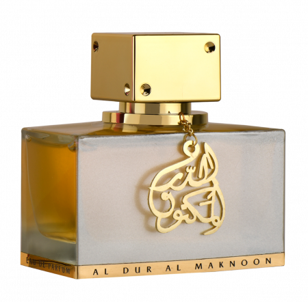 A fragrant bottle of Lattafa Al Dur Al Maknoon Gold 100ml Eau De Parfum with Arabic writing on it for men and women.