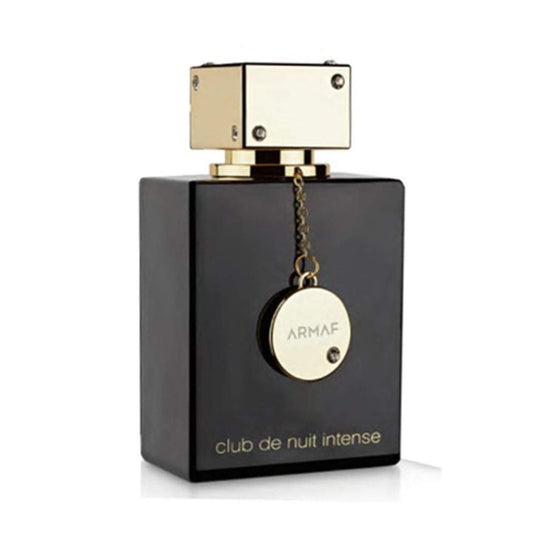 An Armaf Club de Nuit Intense Woman 105ml Eau De Parfum bottle with a gold chain on it, available at Rio Perfumes.