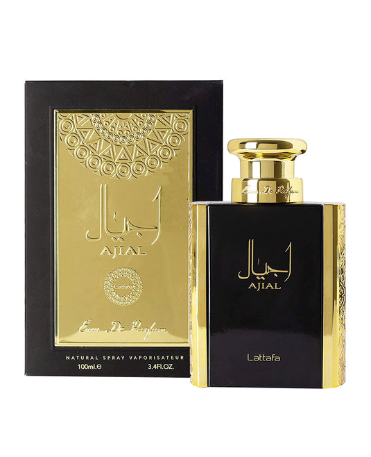 A bottle of Lattafa Ajial 100ml Eau de Parfum with a gold box, featuring Arabian Oud notes.