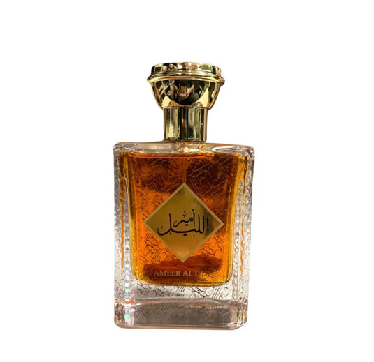 A luxurious arabic perfume bottle featuring Fragrance World Ameer Al Lail 100ml Eau de Parfum, and a white background.
