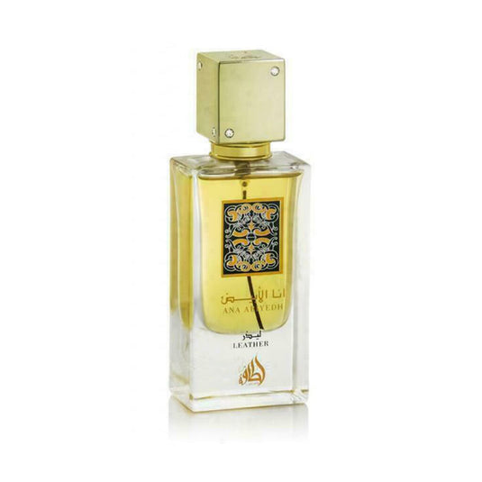 An Lattafa Ana Abiyedh Leather 60ml Eau De Parfum bottle by Dubai Perfumes on a white background.