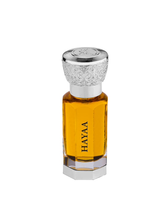 A bottle of Swiss Arabian Hayaa 12ml EDP perfume with a silver lid on a white background by Swiss Arabian.