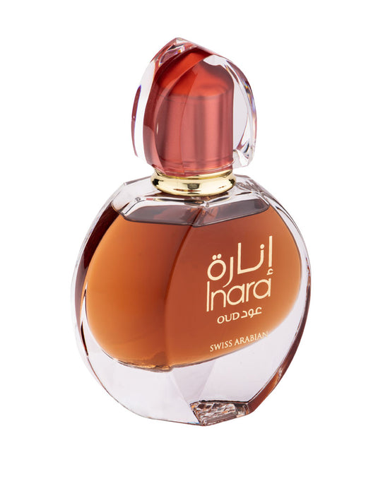 A bottle of Swiss Arabian Inara Oud 55ml edp perfume on a white background, perfect for women who appreciate fragrance.