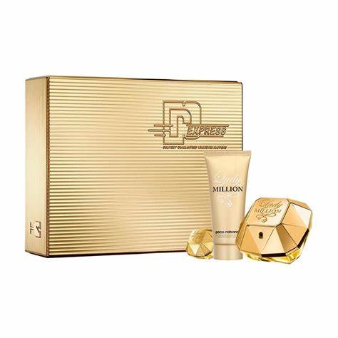Paco Rabanne's "Lady Million" EDP fragrance gift set, featuring a golden box, a diamond-shaped bottle, and a matching lotion tube.