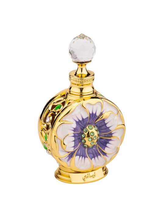 A Guess Swiss Arabian Layali 15ml Concentrated Perfume Oil bottle adorned with a purple flower, emitting a captivating fragrance.
