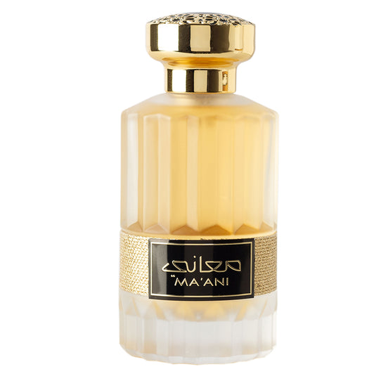 A bottle of Lattafa MA'ANI 100ml Eau De Parfum for men & women.