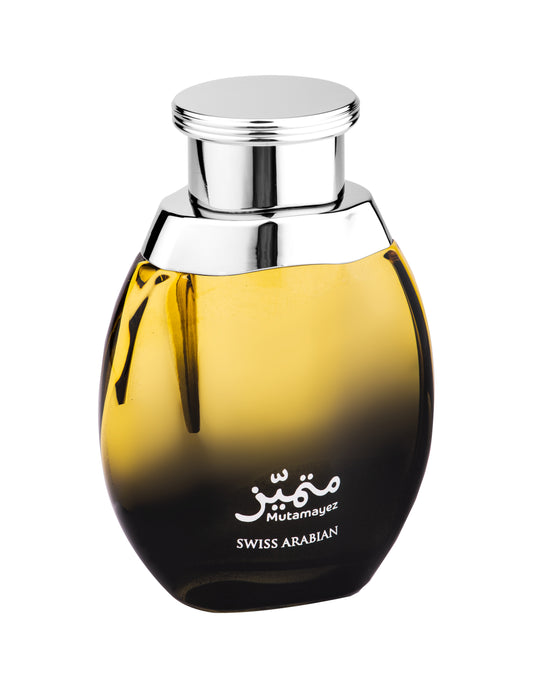 A fragrant bottle of Swiss Arabian Mutamayez 100ml Eau De Parfum for men and women with a gold lid.