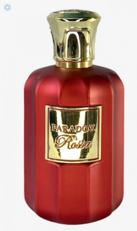 A bottle of Paris Corner Fragrance Avenue Paradox Rossa 100ml Eau De Parfum by Dubai Perfumes for women on a white background.