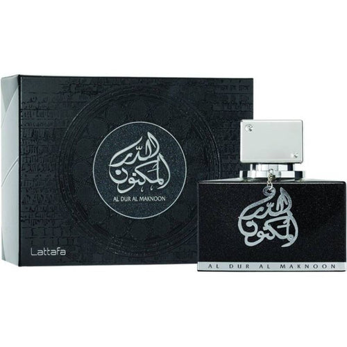 A bottle of Lattafa Al Dur Al Maknoon 100ml Eau De Parfum with arabic calligraphy.
