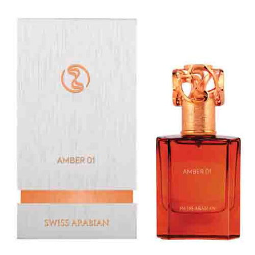 A women's fragrance, Swiss Arabian Amber 01 50ml Eau De Parfum, packaged in an orange box.