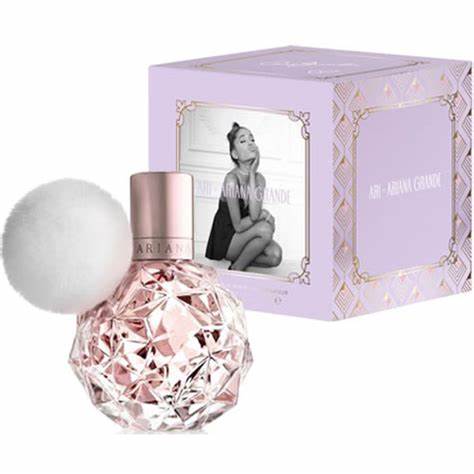 A fragrant bottle of Ariana Grande Ari 100ml Eau De Parfum for women with a pom pom in front.