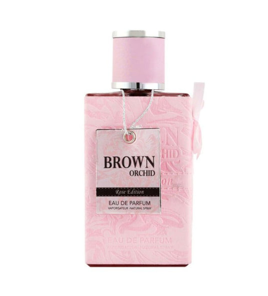 A bottle of Fragrance World Brown Orchid Rose Collection 80ml Eau De Parfum on a white background.