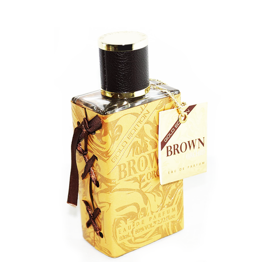 A bottle of Fragrance World's Fragrance World Brown Orchid Gold Edition 80ml Eau de Parfum on a white background.