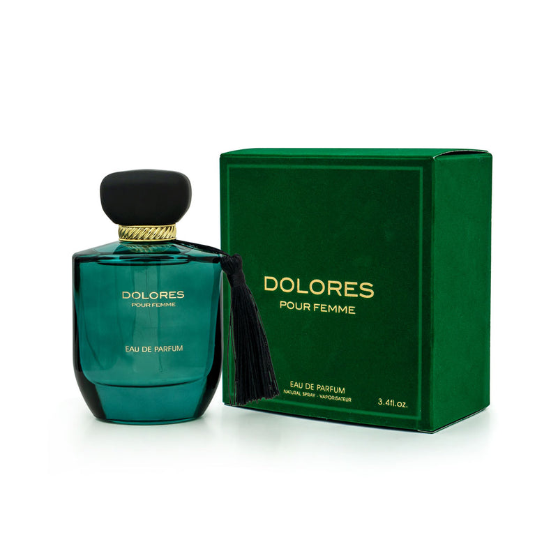 Load image into Gallery viewer, A bottle of Fragrance World Dolores Pour Femme 100ml Eau de Parfum in a green box.
