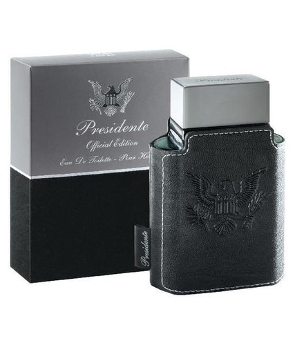 A black leather case with a box and a bottle of cologne containing Emper Presidente Pour Homme 100ml Eau De Parfum.