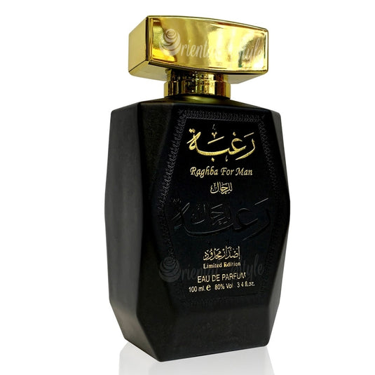 An oriental fragrance for men, Lattafa Raghba for Man Limited Edition 100ml Eau De Parfum by Lattafa, in a bottle of black perfume on a white background.