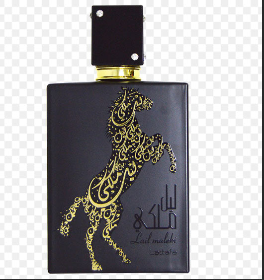 Black and gold Lattafa perfume bottle with horse design, featuring the Lattafa Oud Lail Maleki fragrance.