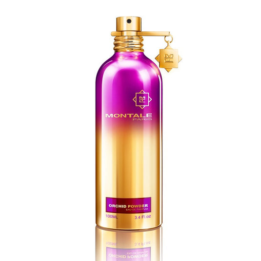 A bottle of Montale Paris Orchid Powder 100ml Eau De Parfum, elegantly designed with hints of purple and gold, rests on a pristine white background.