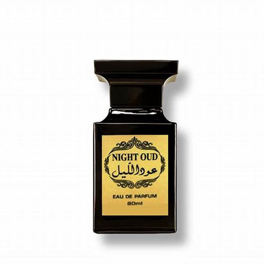 A bottle of Fragrance World Night Oud 80ml Eau De Parfum by Dubai Perfumes on a white background.