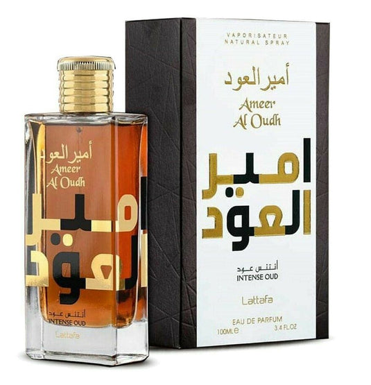 A bottle of Lattafa Ameer Al Oudh 100ml Eau De Parfum by Lataffa next to a box.