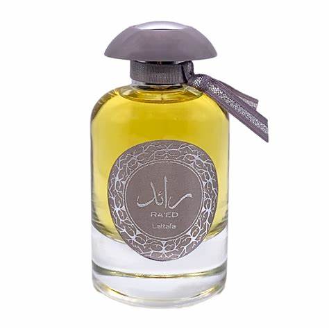 A bottle of Lattafa Ra'ed 100ml Eau de Parfum by Dubai Perfumes on a white background.