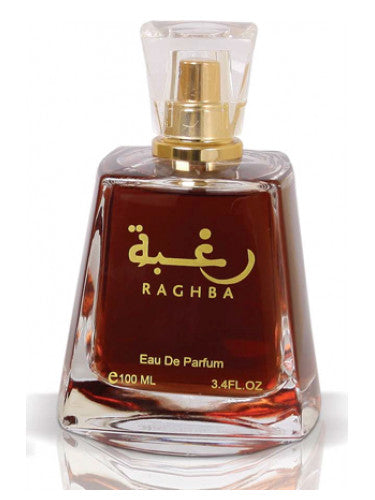 A bottle of Lattafa Raghba 100ml Eau De Parfum, a fragrance, on a white background.